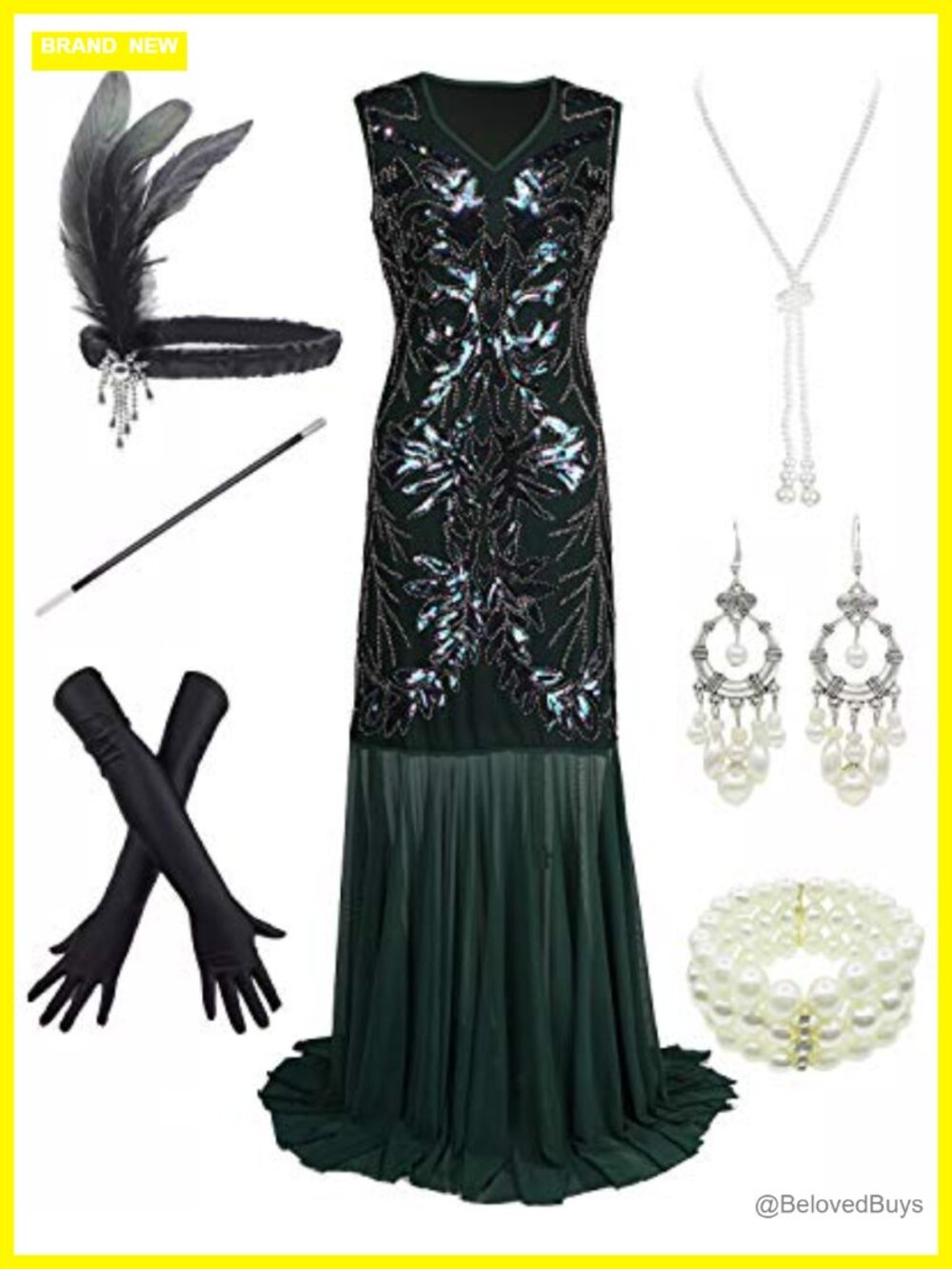 1920s Mermaid Flapper Gown Sequin Dress with Accessories Set